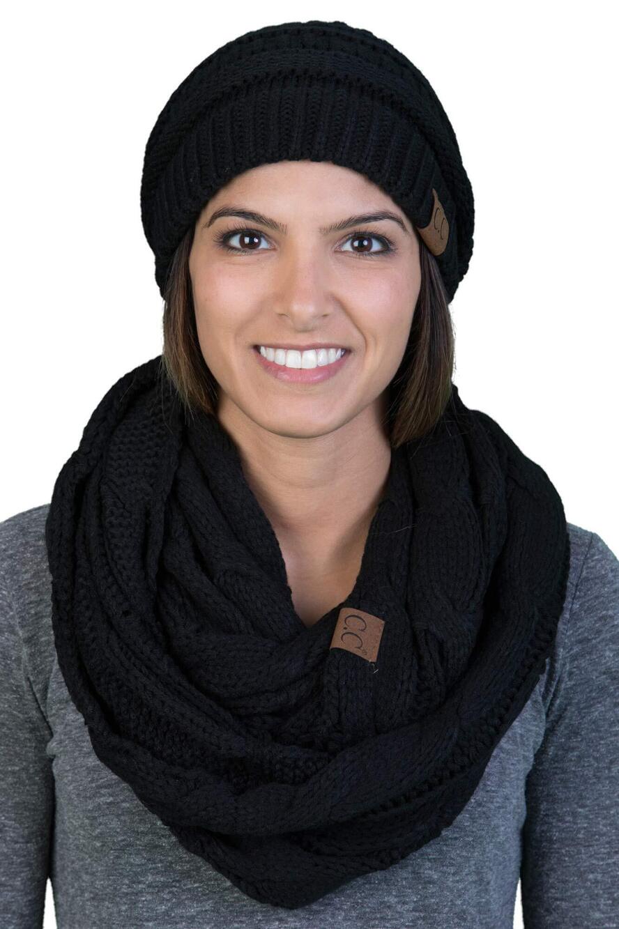 8850 Chunky Knitted Winter Infinity Scarf and Slouchy Beanie Set, One Size